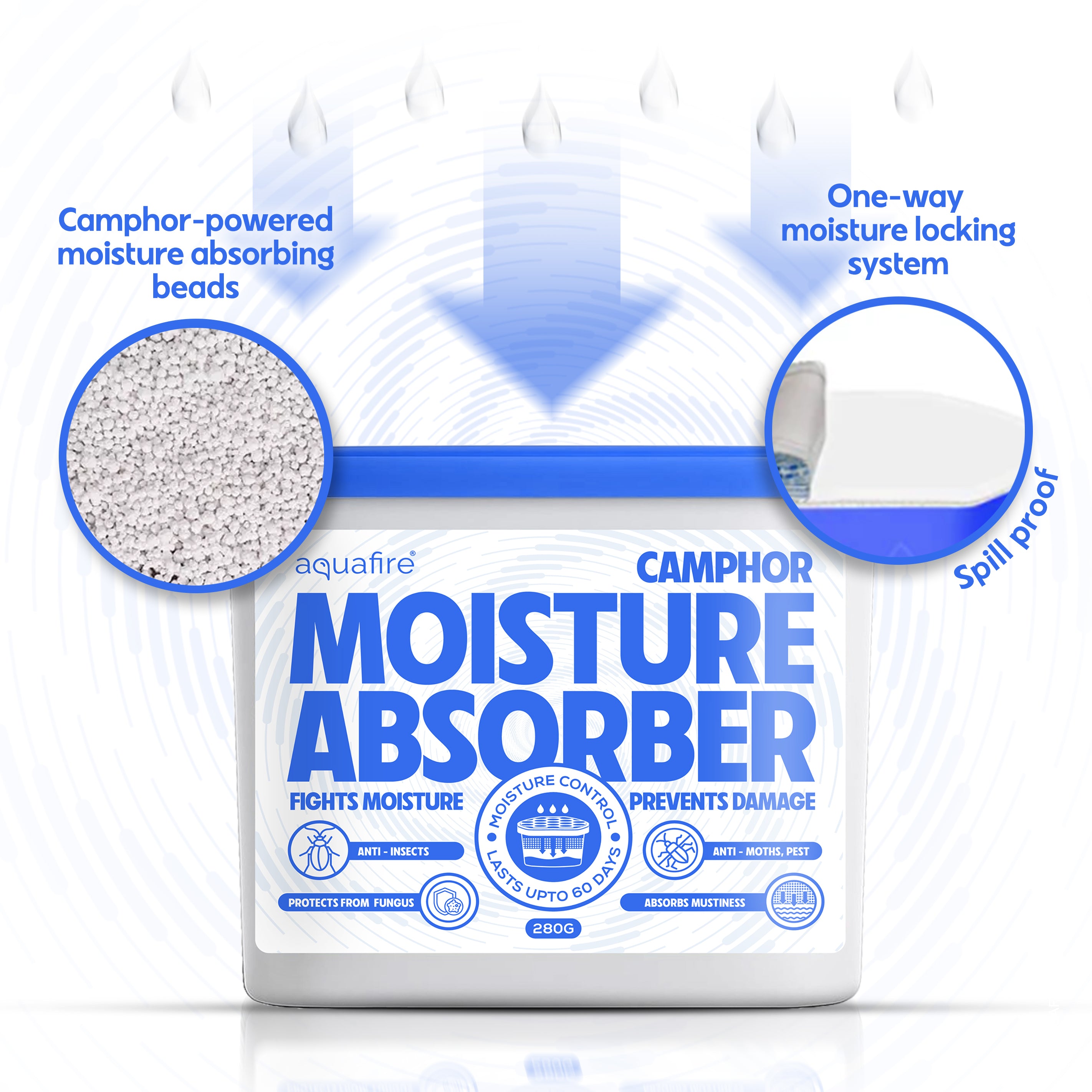 Moisture Absorber, 280g , CAMPHOR , Spill Proof Dehumidifier, Fights Moisture, Prevents Damage & Fungus