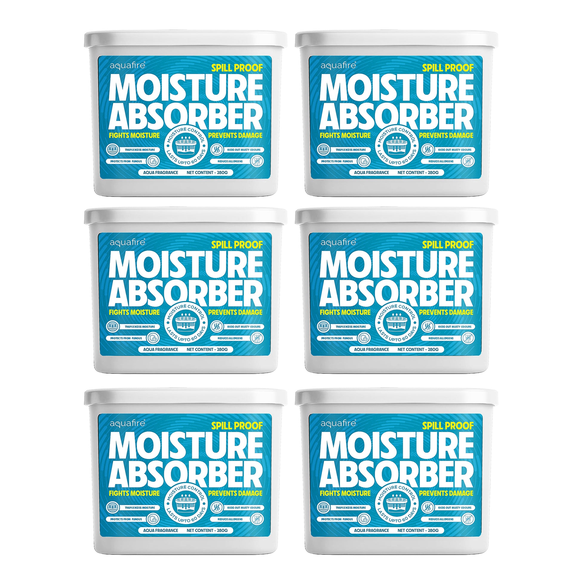 Moisture Absorber, 280g X 6, AQUA, Spill Proof Dehumidifier, Fights Moisture, Prevents Damage & Fungus