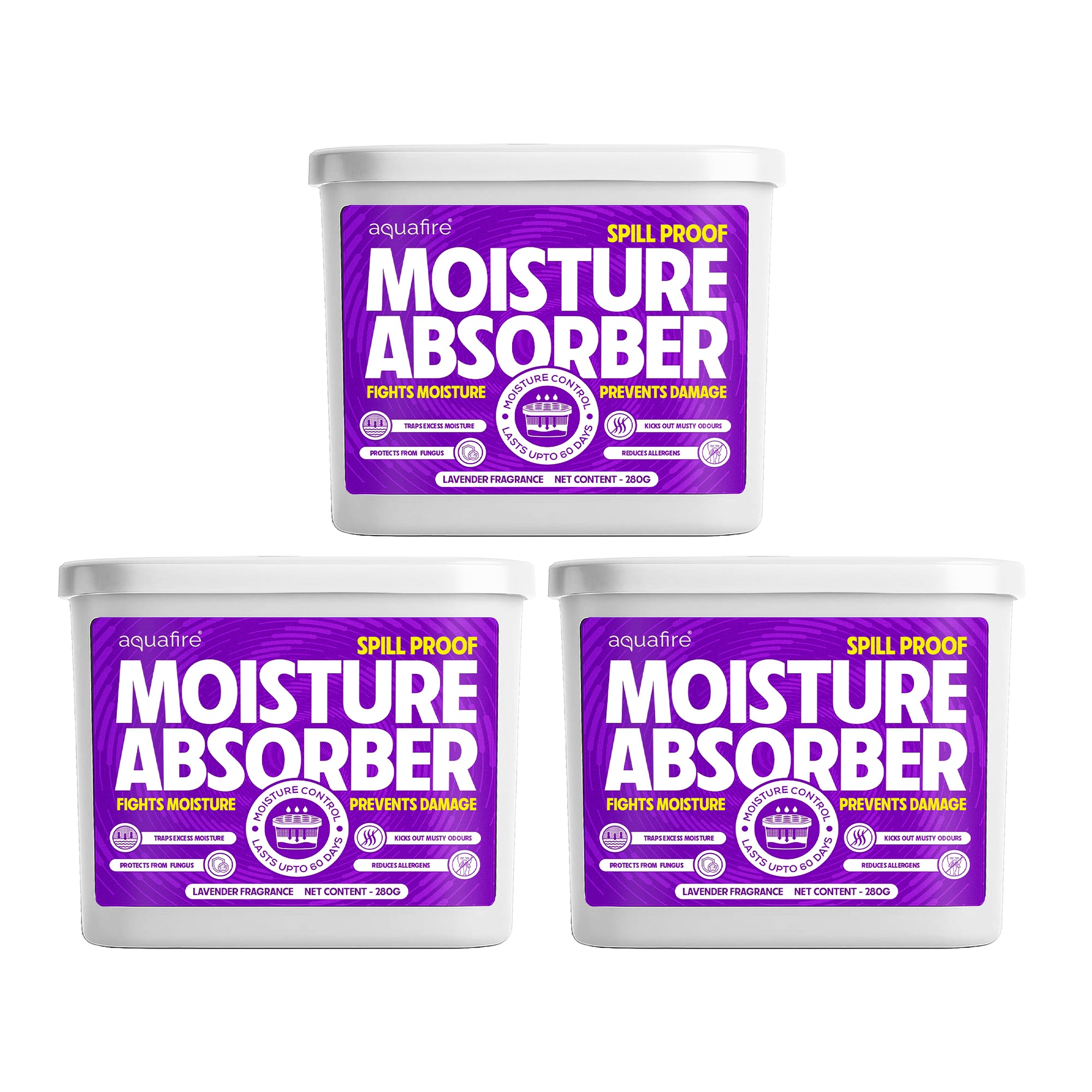 Moisture Absorber, 280g X 3, LAVENDER, Spill Proof Dehumidifier, Fights Moisture, Prevents Damage & Fungus