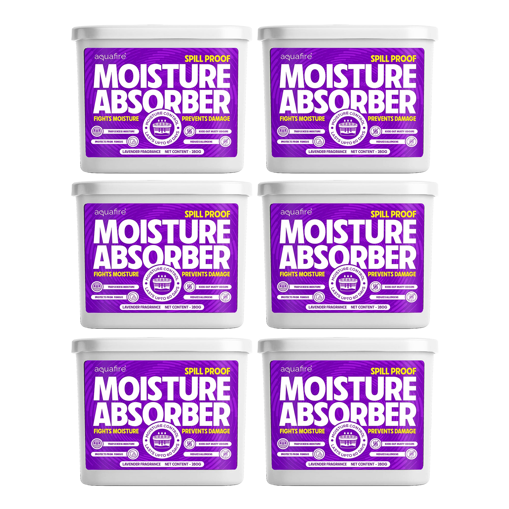 Moisture Absorber, 280g X 6, LAVENDER, Spill Proof Dehumidifier, Fights Moisture, Prevents Damage & Fungus