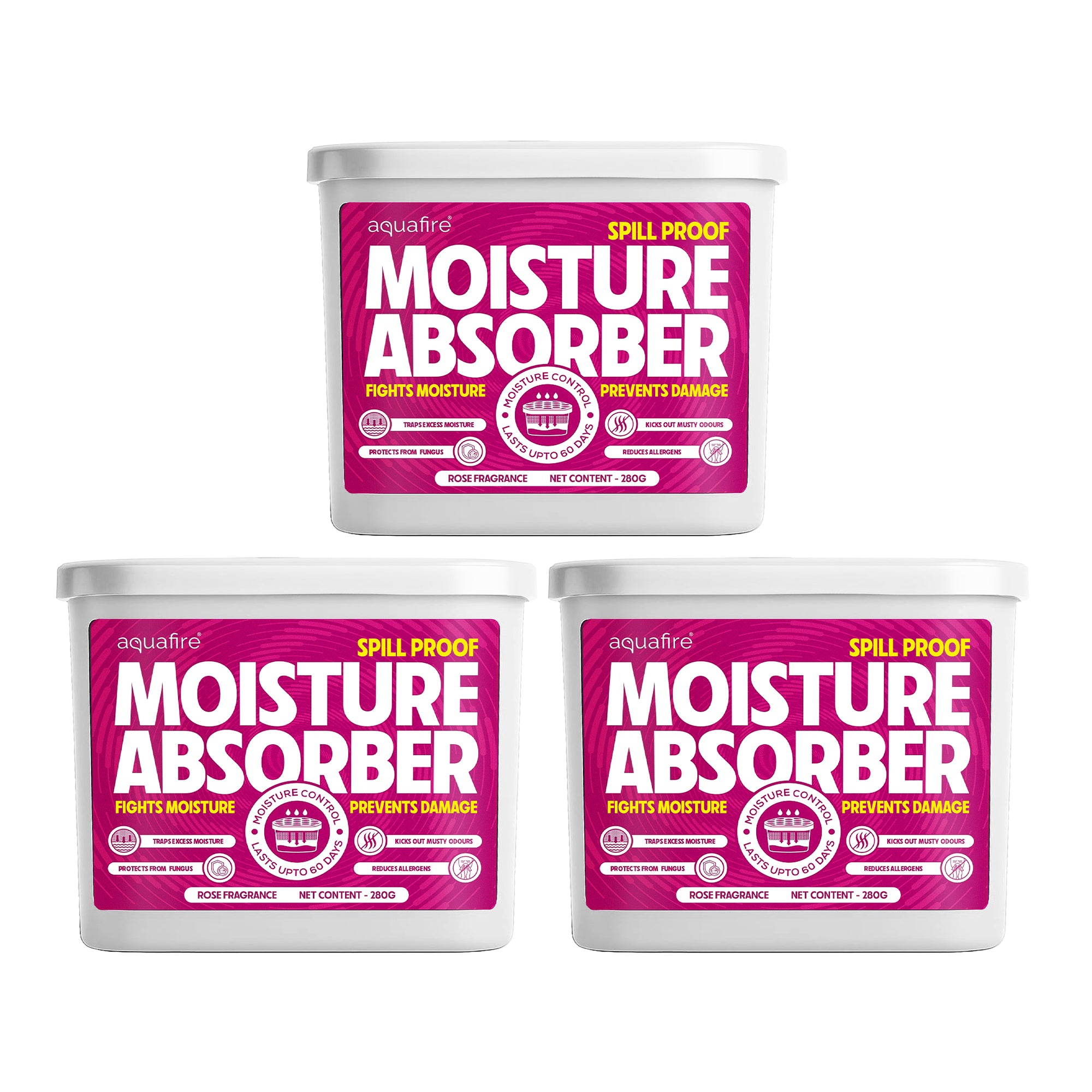 Moisture Absorber, 280g X 3, ROSE, Spill Proof Dehumidifier, Fights Moisture, Prevents Damage & Fungus